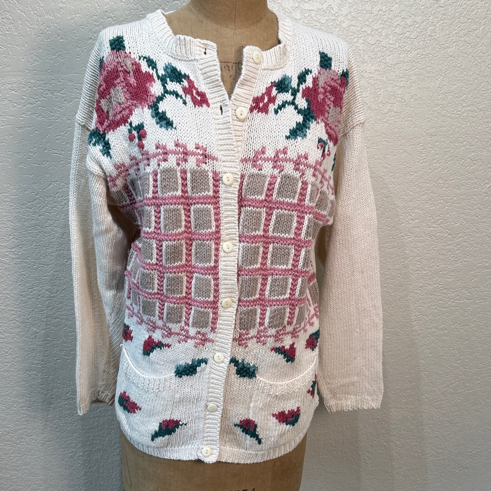 Jason Maxwell Women‎ Medium Ivory Pink Cottage Core Floral Sweater Cardigans
